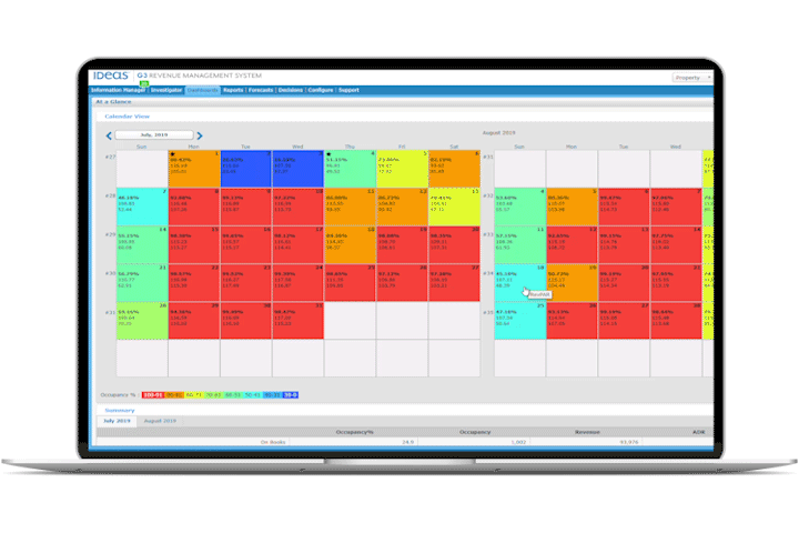 colorful computer calendar of a hotel revenue management system