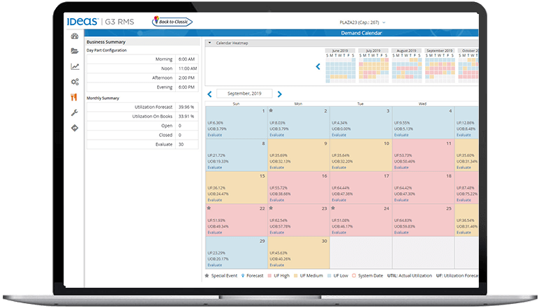 computer screen showing IDeaS' G3 RMS multicolor business calendar