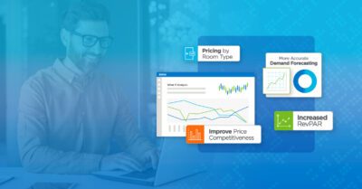 Graphic featuring charts measuring hospitality revenue KPIs as well as a smiling man working at a computer.