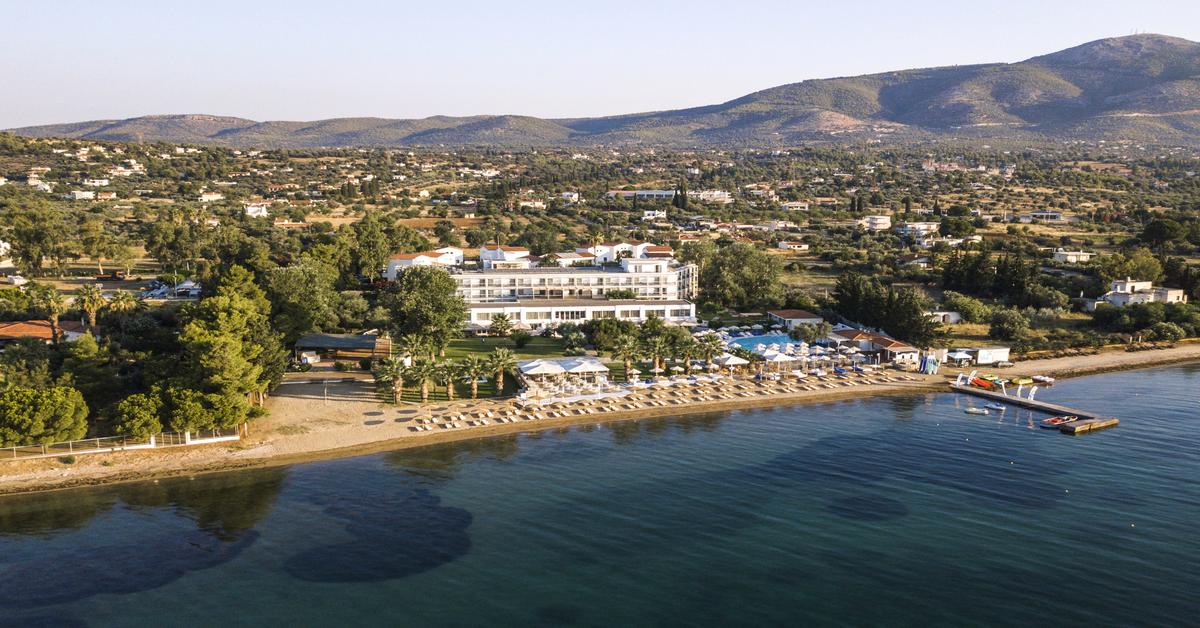 Aerial drone view of a beachfront Brown Hotels property.