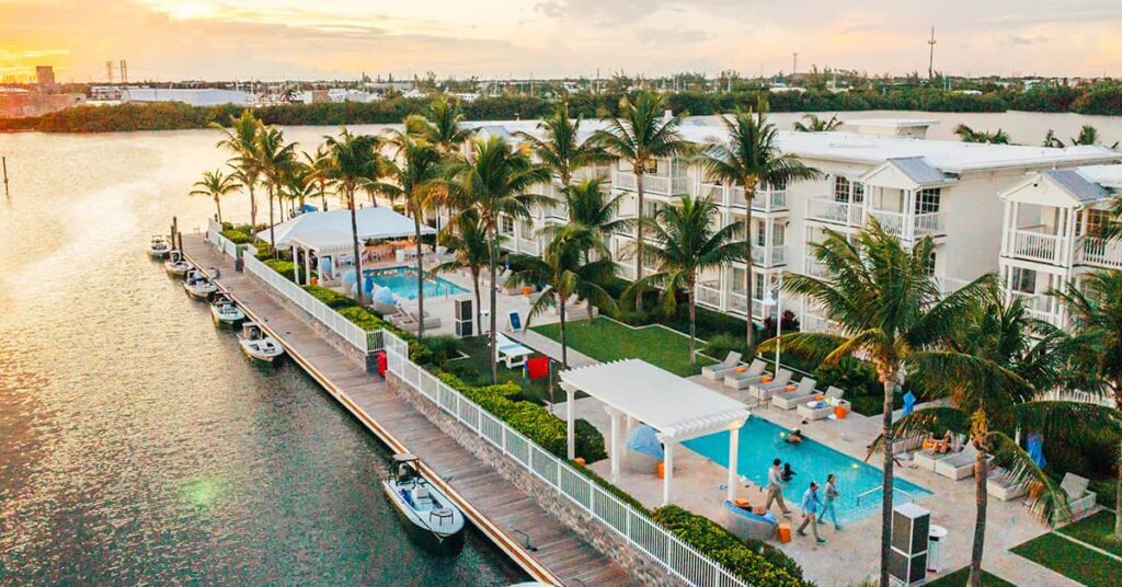 Aerial photo of an EOS Hospitality waterfront property.