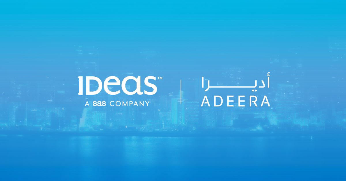 Graphic featuring logo of IDeaS and Adeera Hospitality over a cityscape background.