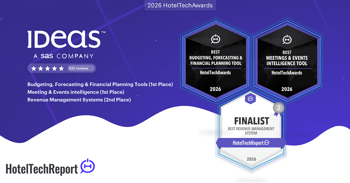 Graphic featuring the three 2026 Hotel Tech Award categories IDeaS was recognized for.
