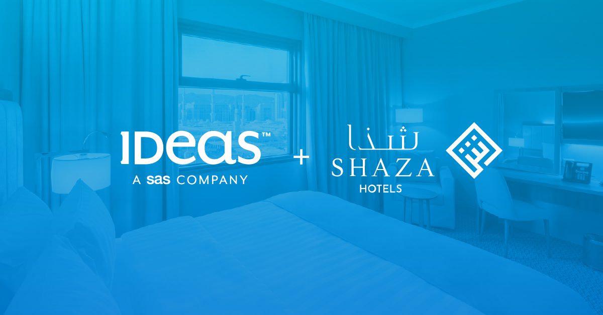 Photo featuring Shaza hotel room interior with IDeaS and Shaza Hotels logo overlaid.