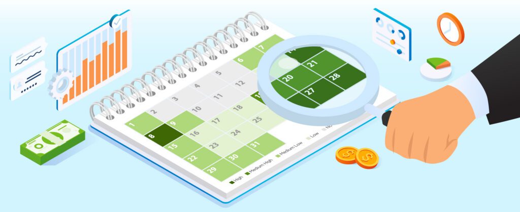 Graphic depicting a calendar as a potential to influence demand heatmap with a large magnifying glass over specific dates