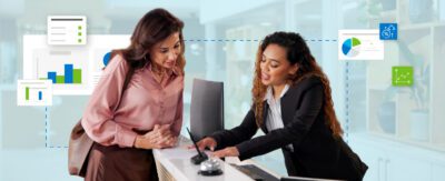 Graphic of hotel front desk worker addressing a guest with stylized UI charts