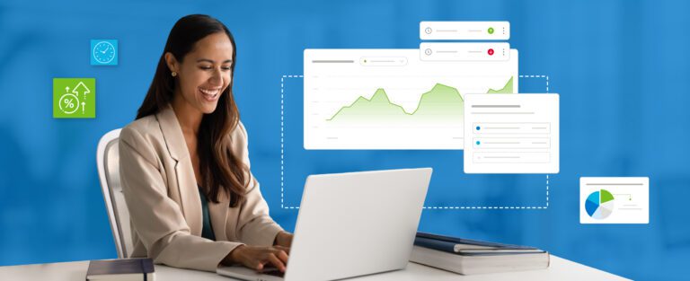 Happy woman in blazer working at computer with stylized revenue management system interface visuals surrounding her.