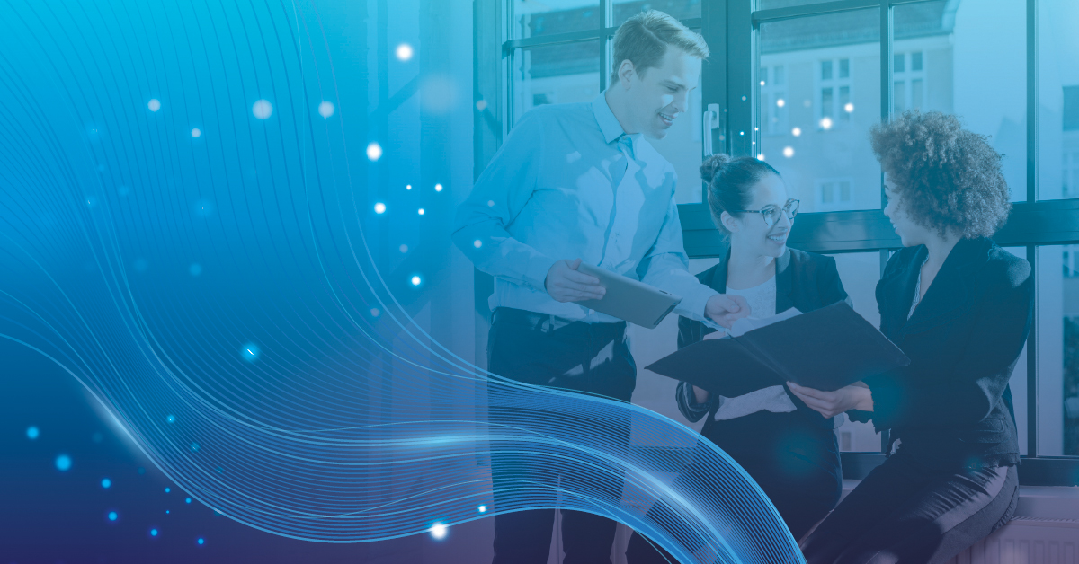 Decorative backdrop of collaborative commercial meeting with blue textured overlay.