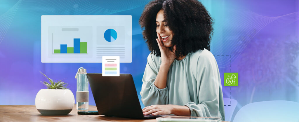 Decorative image - woman working at computer with faux UI screens on blue and purple background
