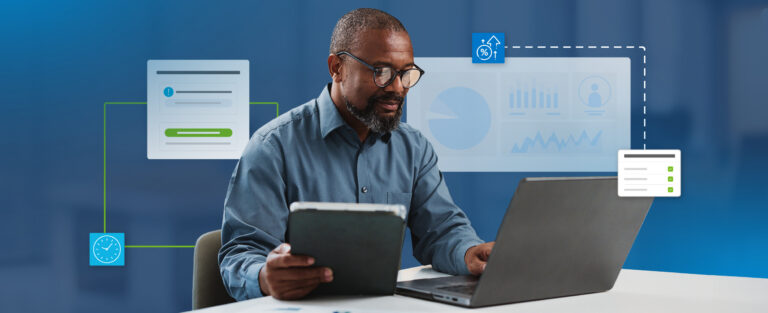 Decorative image featuring man working at laptop with various revenue management related graphs and windows surrounding him.