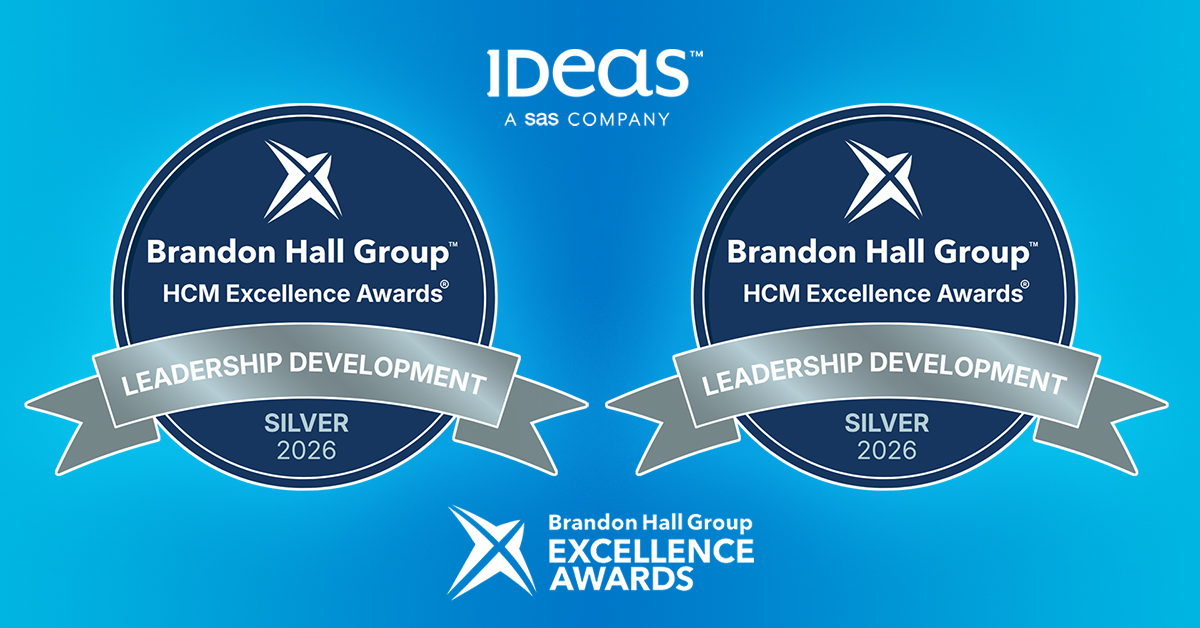 IDeaS branded graphic displaying two Brandon Hall Group Award badges